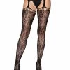 Leg Avenue Women's Gardenia Lace Stockings With Net Top And Attached Garter Belt Garterbelt Stockings And Suspender Hose