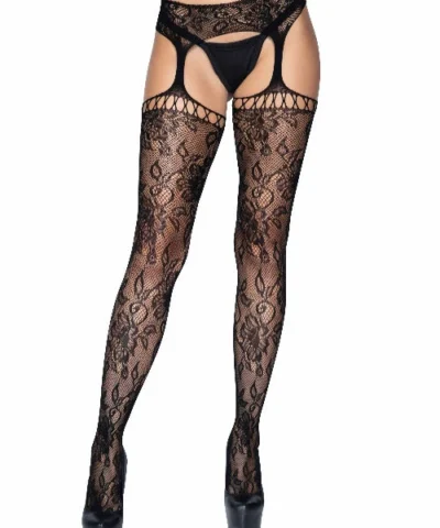 Leg Avenue Women's Gardenia Lace Stockings With Net Top And Attached Garter Belt Garterbelt Stockings And Suspender Hose