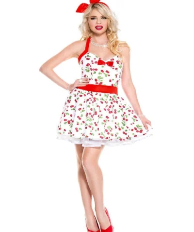 Music Legs Retro Sexy Women Cherry Dress Costume Oldies Time Period
