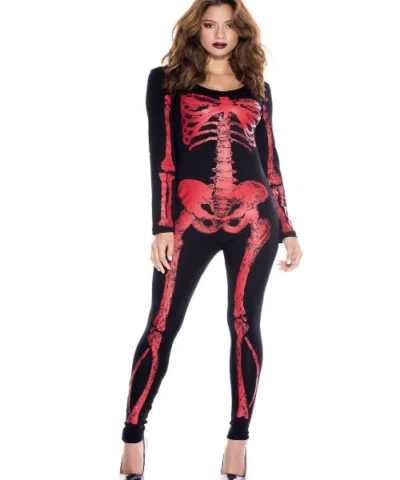 Music Legs Skeleton Red Print Catsuit Women Costume