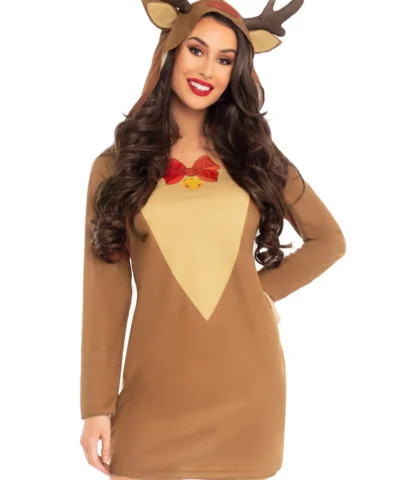 Leg Avenue Holiday Reindeer Long Sleeve T-shirt Dress With Antler Hood.