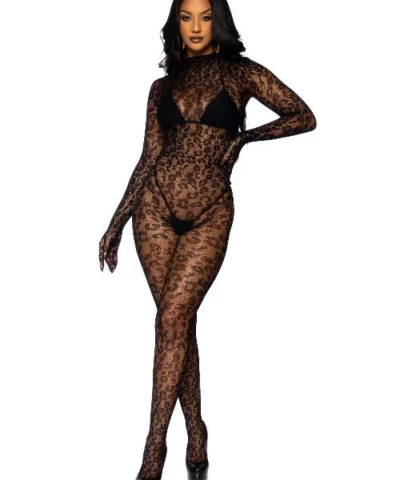 Leg Avenue Seamless Leopard Net Gloved Catsuit Animals