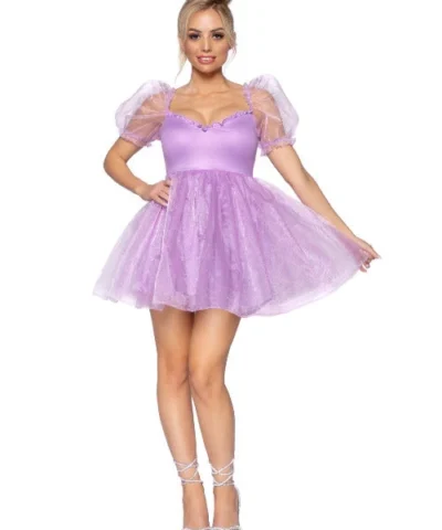 Leg Avenue Design Your Own Costumes Frosted Organza Babydoll Dress With Ruffled Sweetheart Neckline And Puff Sleeves